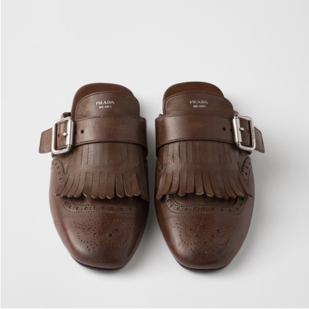 Like new PRADA Brown Leather Fringed Shuffle Mules $1,250 36